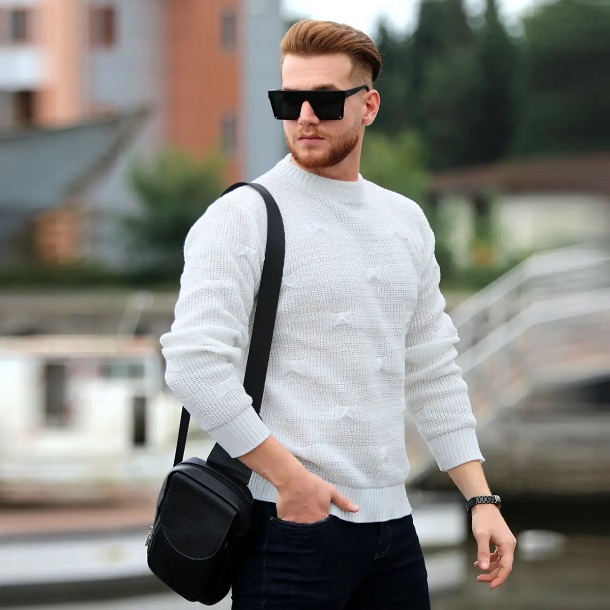 پلیور زاپ دار سفید مردانه مدلDeta