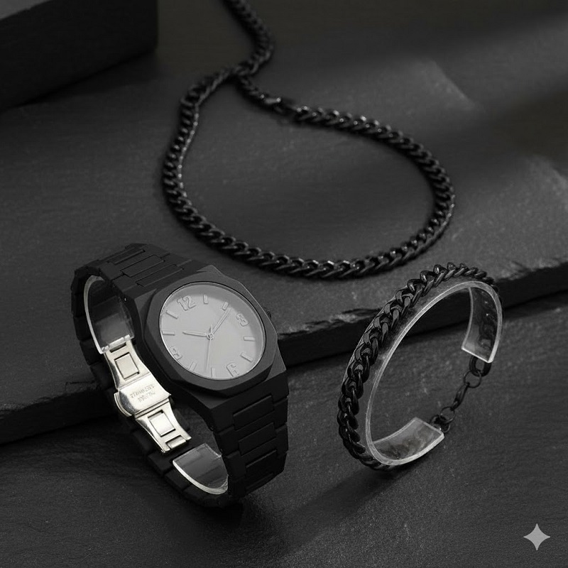 ست مردانه ساعت و دستبند و گردنبند solid black-مشکی